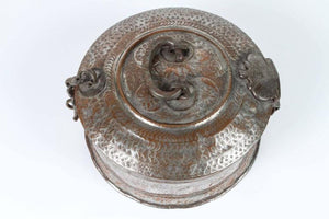 Large Decorative Asian Round Copper Bronze Box with Lid