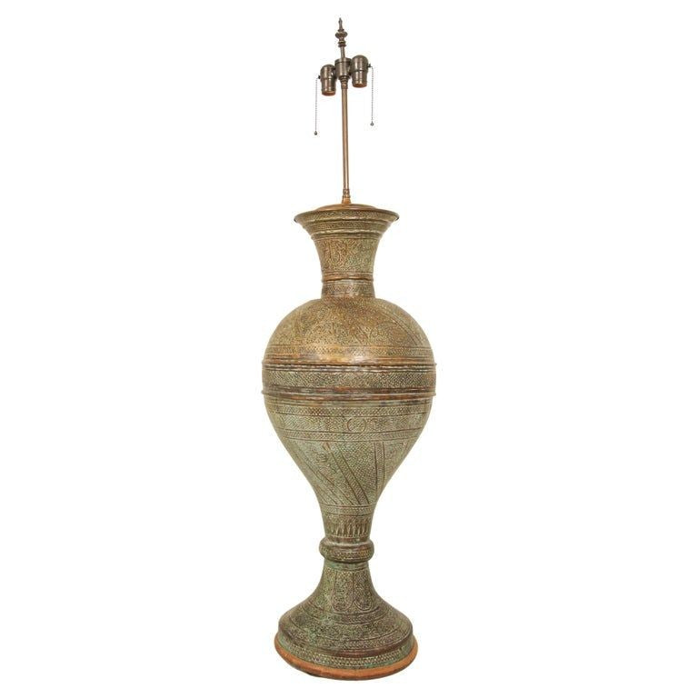 Antique Middle Eastern Oriental Brass Islamic Mughal Floor Lamp 19th C