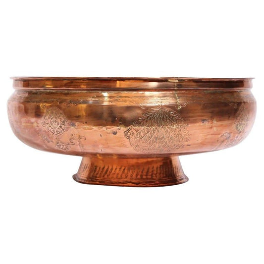 19th Century Indo-Persian Mughal Engraved Copper Footed Bowl, India