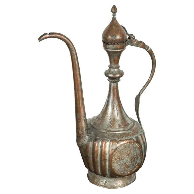 Antique 19th Century Turkish Ottoman Tinned Copper Ewer Pitcher