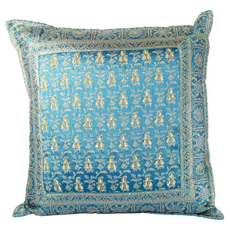 Turquoise Mughal Style Decorative Throw Pillow Embellished with Sequins and Beads