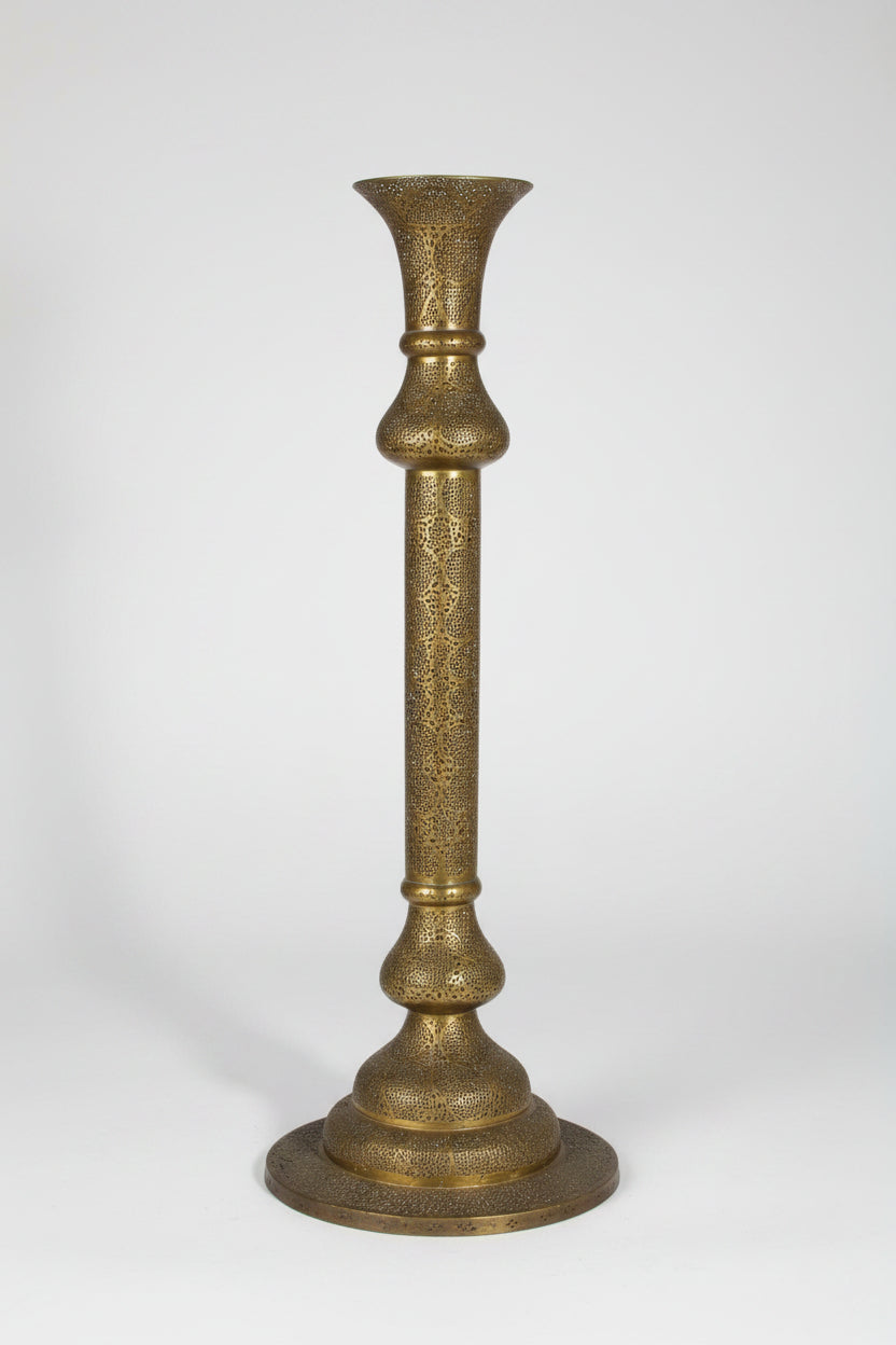 Monumental Middle Eastern Mamluk Revival Pierced Brass Floor Candlestick