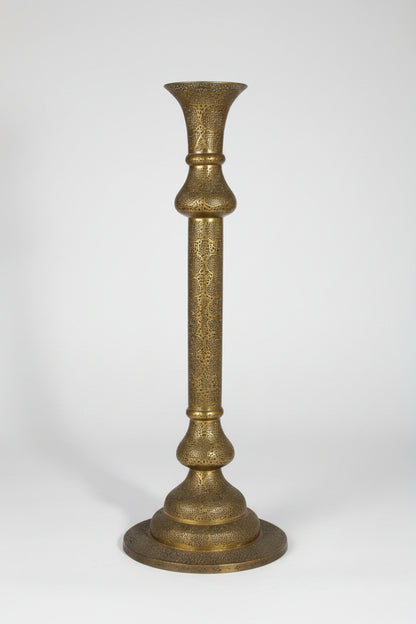Monumental Middle Eastern Mamluk Revival Pierced Brass Floor Candlestick