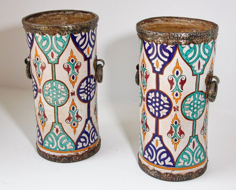 Handcrafted Moorish Ceramic Urns with Metal Handles, 20th Century