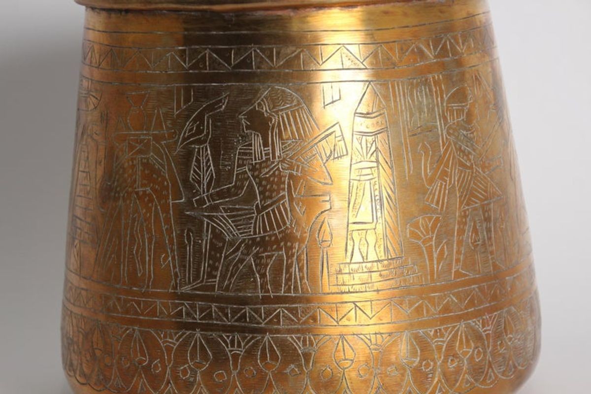 Hand Etched Egyptian Brass Vessel Jardiniere, 19th Century