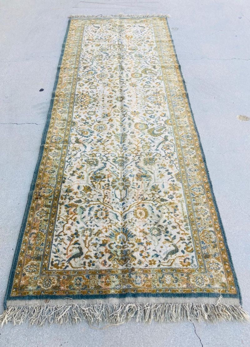 1950s Hand Knotted Green Runner from Turkey