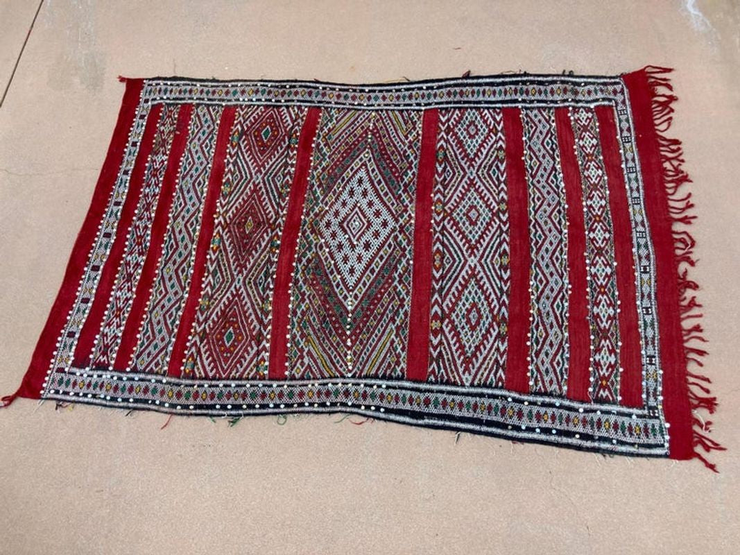 1960s Authentic Moroccan Ethnic Rug with Sequins North Africa, Handira