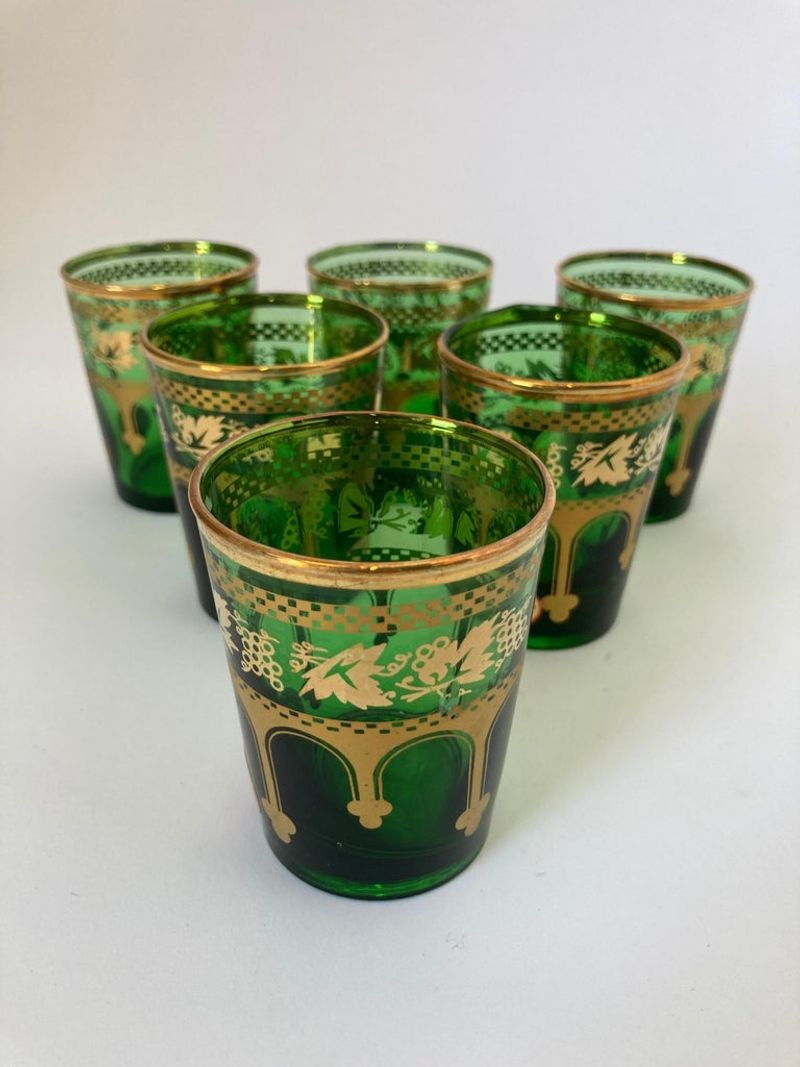 Set of Six Handblown Moroccan Green and Gold Glasses