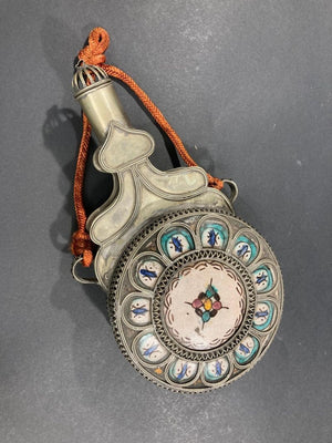 Moroccan Ceramic Flask Bottle from Fez with Silvered Filigree