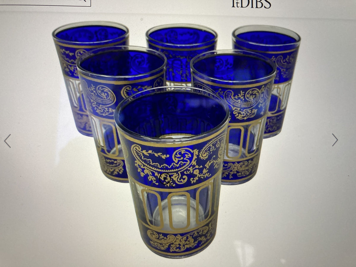Moroccan Royal Blue Shot Glasses Set of Six, Gold Moorish Design, 1980