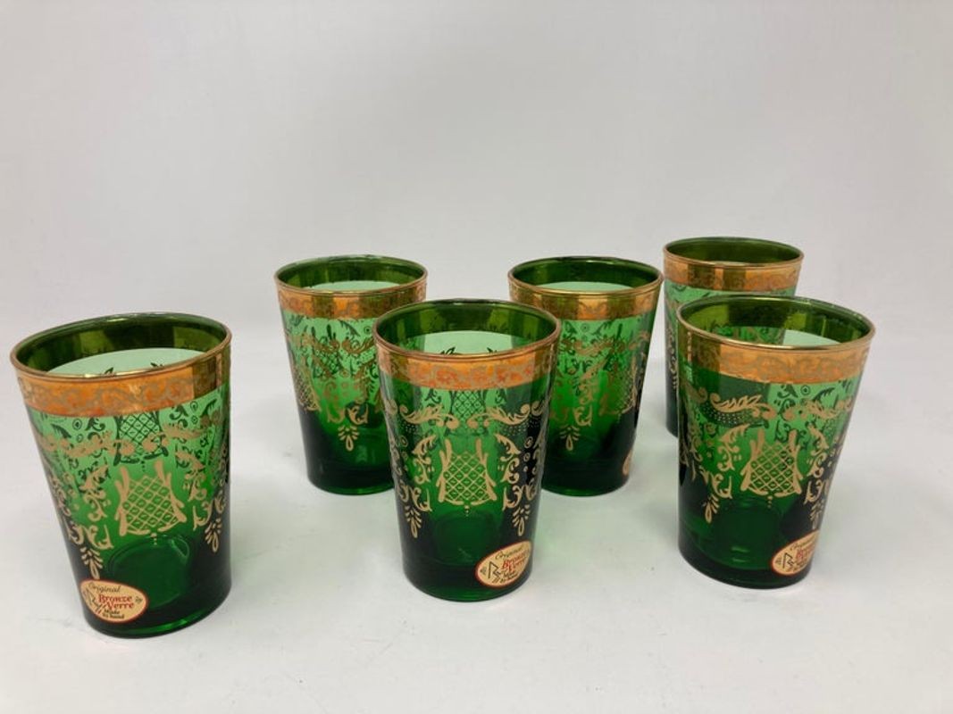 Set of Six Handblown Moorish Green and Gold Tea Glasses