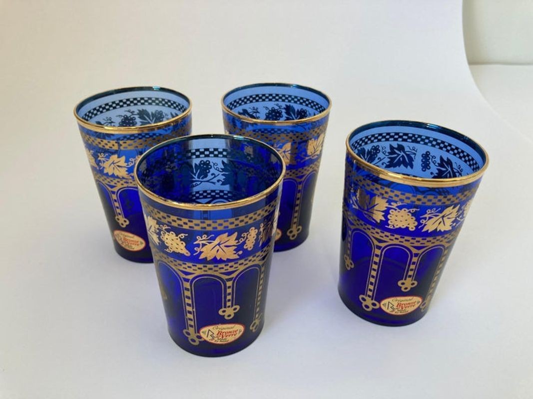 Moorish Blue and Gold Crystal Barware Italian Drinking Glasses Set of 4