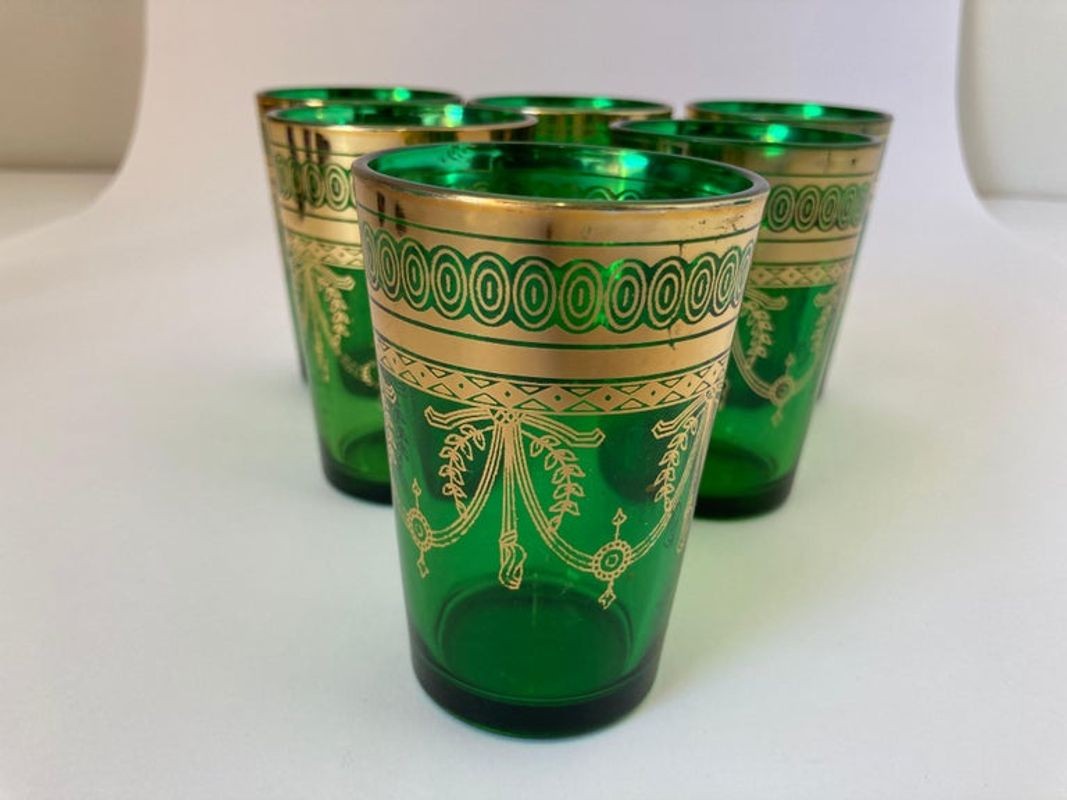 Set of Six Handblown Moroccan Moorish Green and Gold Glasses