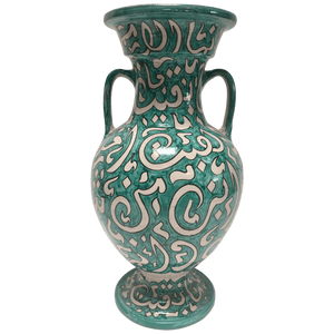 Large Moroccan Glazed Ceramic Vase With Arabic Calligraphy Turquoise Writing Fez