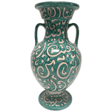Large Moroccan Glazed Ceramic Vase With Arabic Calligraphy Turquoise Writing Fez