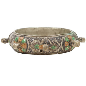 Moroccan Berber Silver Bracelet with Green and Orange Enamel