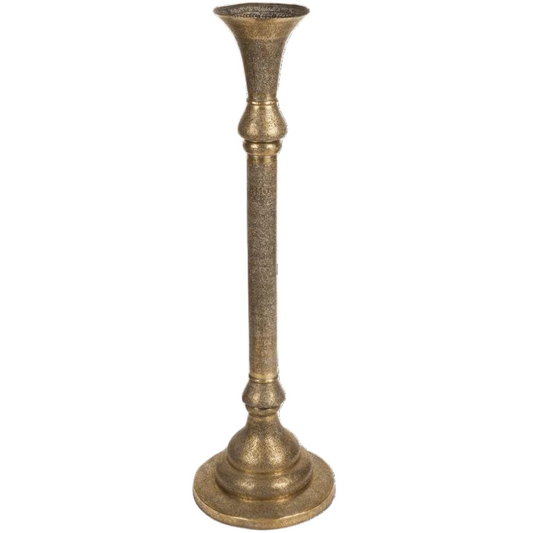 Antique brass candle holder with a wide base and a tapering shaft featuring intricate openwork and floral vine motifs.