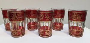 Set of Six Ruby Red Glasses with Gold Raised Moorish Frieze Design
