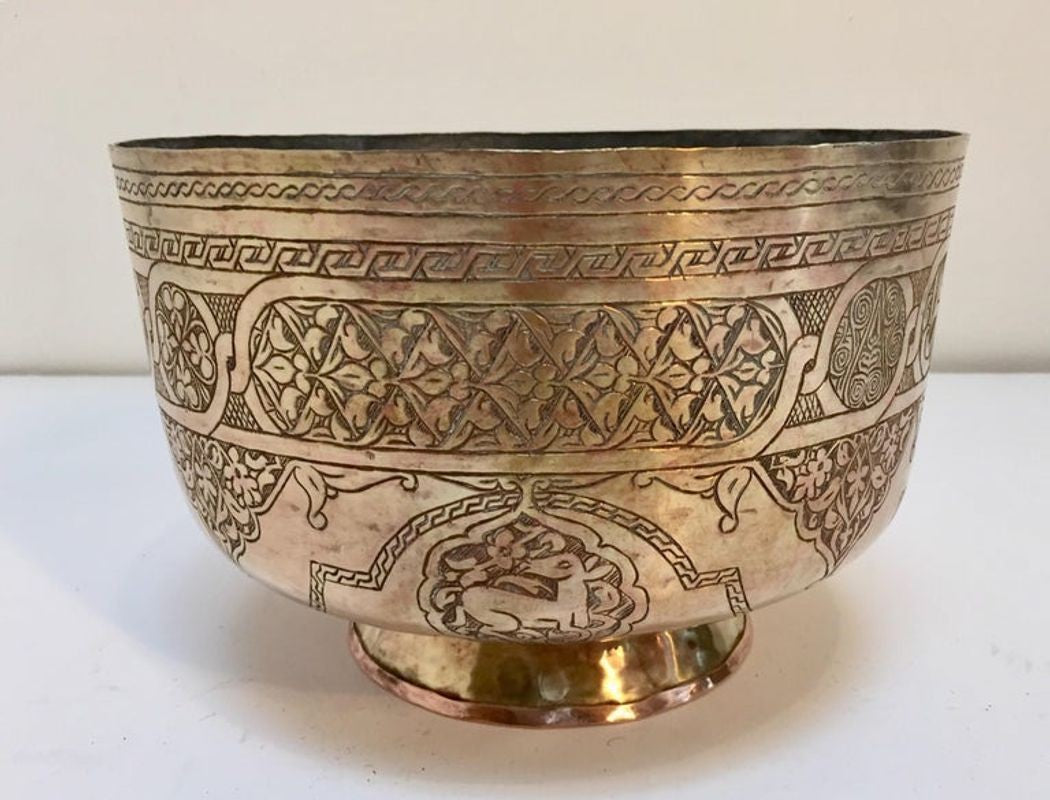 Antique Islamic Hand-Etched Arabian Footed Brass Bowl