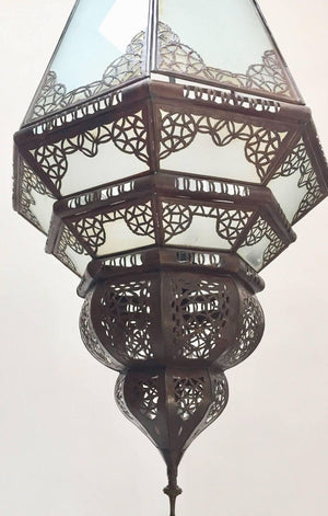 Moroccan Vintage Metal and Frosted Glass Light Fixture