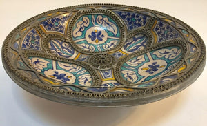 Moroccan Ceramic Plate Adorned with Silver Filigree from Fez