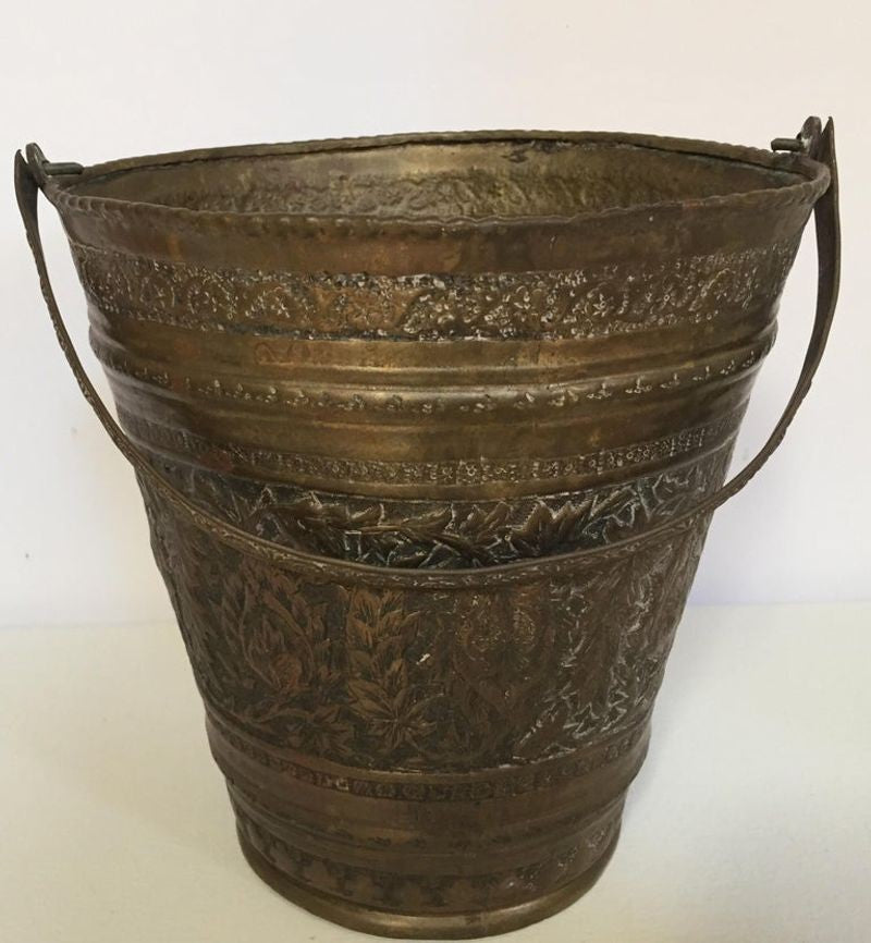 Handcrafted Copper Vessel Bucket with Floral Design, India