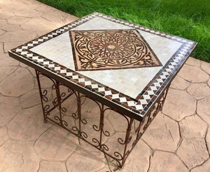 Moroccan Mosaic Tile Side table on Iron Base, Brown and White