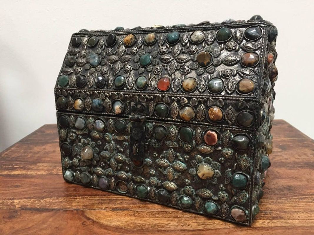 Large Moroccan Wedding Silvered Jewelry Box Inlaid with Semi-Precious Stones