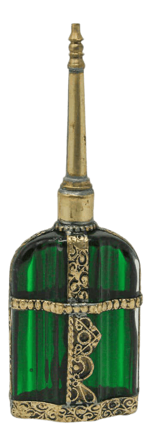 Moorish Emerald Green Glass Perfume Bottle Sprinkler with Embossed Metal Overlay