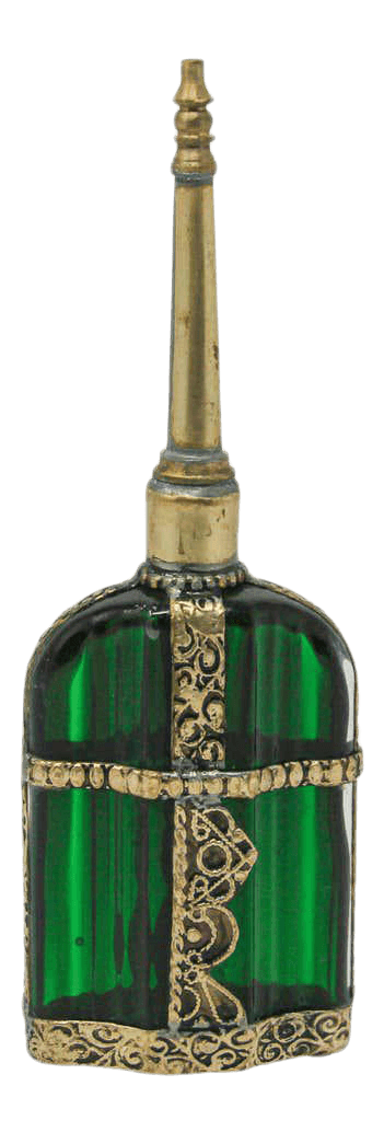 Moorish Emerald Green Glass Perfume Bottle Sprinkler with Embossed Metal Overlay