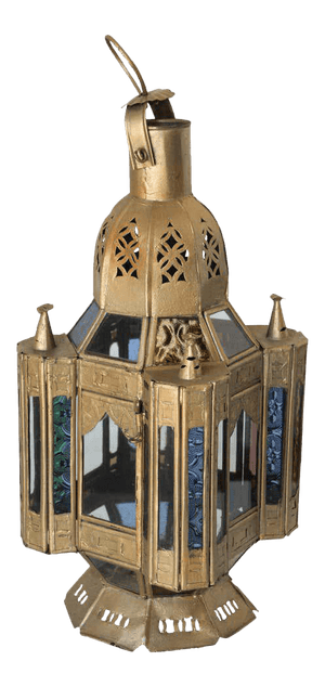 Moroccan Candle Lantern in Moorish Gilt Metal and Glass