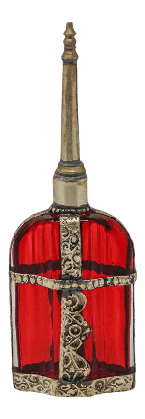 Moroccan Red Glass Perfume Bottle Sprinkler with Embossed Metal Overlay