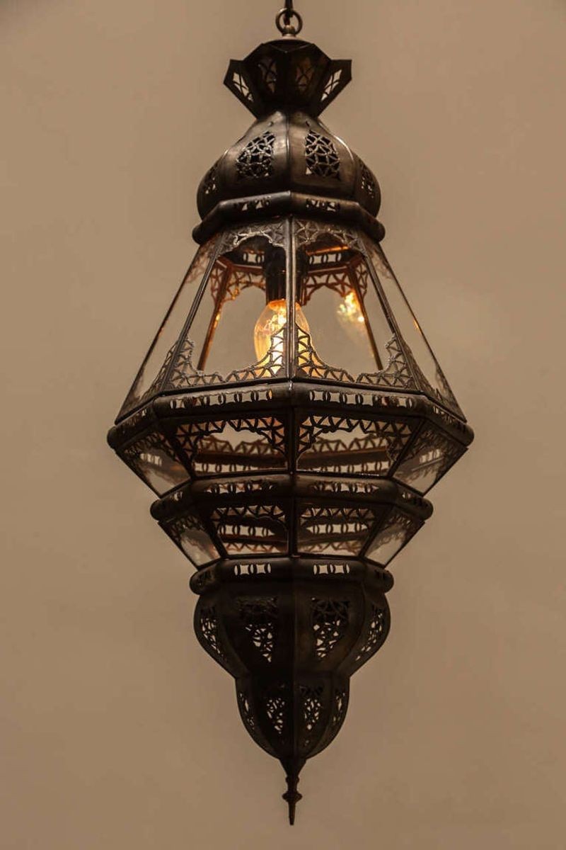Moroccan Moorish Filigree Metal and Clear Glass Lantern
