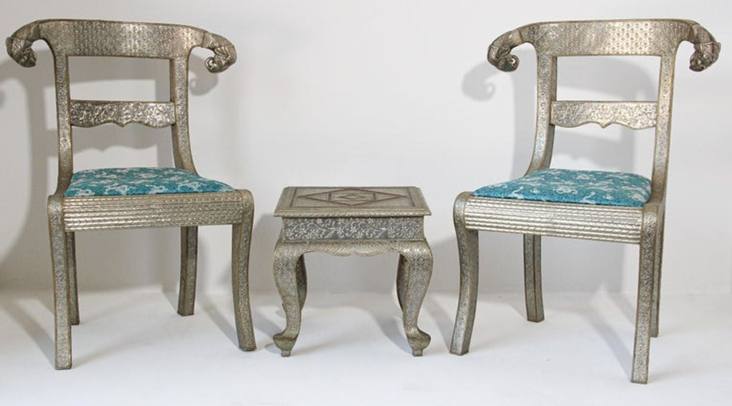 Anglo-Indian Silvered Wrapped Clad Side Chairs and Table
