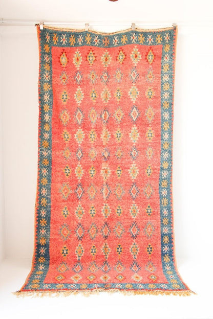 1960s Moroccan Berber Rug, Coral and Teal Geometric Wool, 4'10" × 9'10"