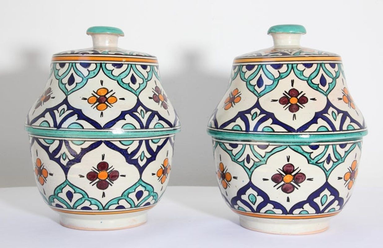 Moorish Ceramic Glazed Covered Urns Handcrafted in Fez Morocco