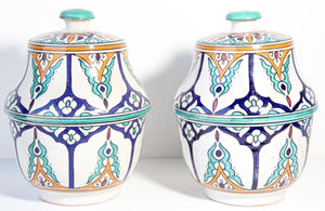 Moorish Ceramic Glazed Covered Jars Handcrafted in Fez Morocco