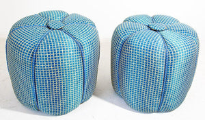 Pair of Vintage Art Deco Pouf Turquoise Upholstered Round Stools