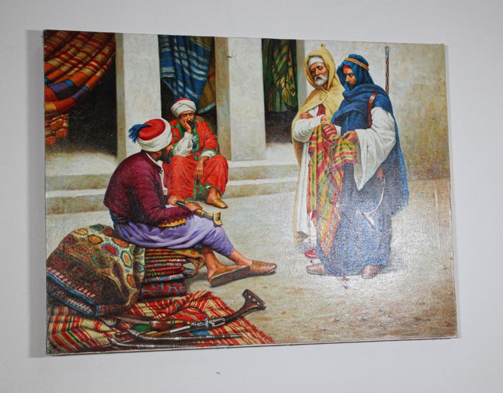 Moroccan Orientalist Oil Painting of a Rug Market