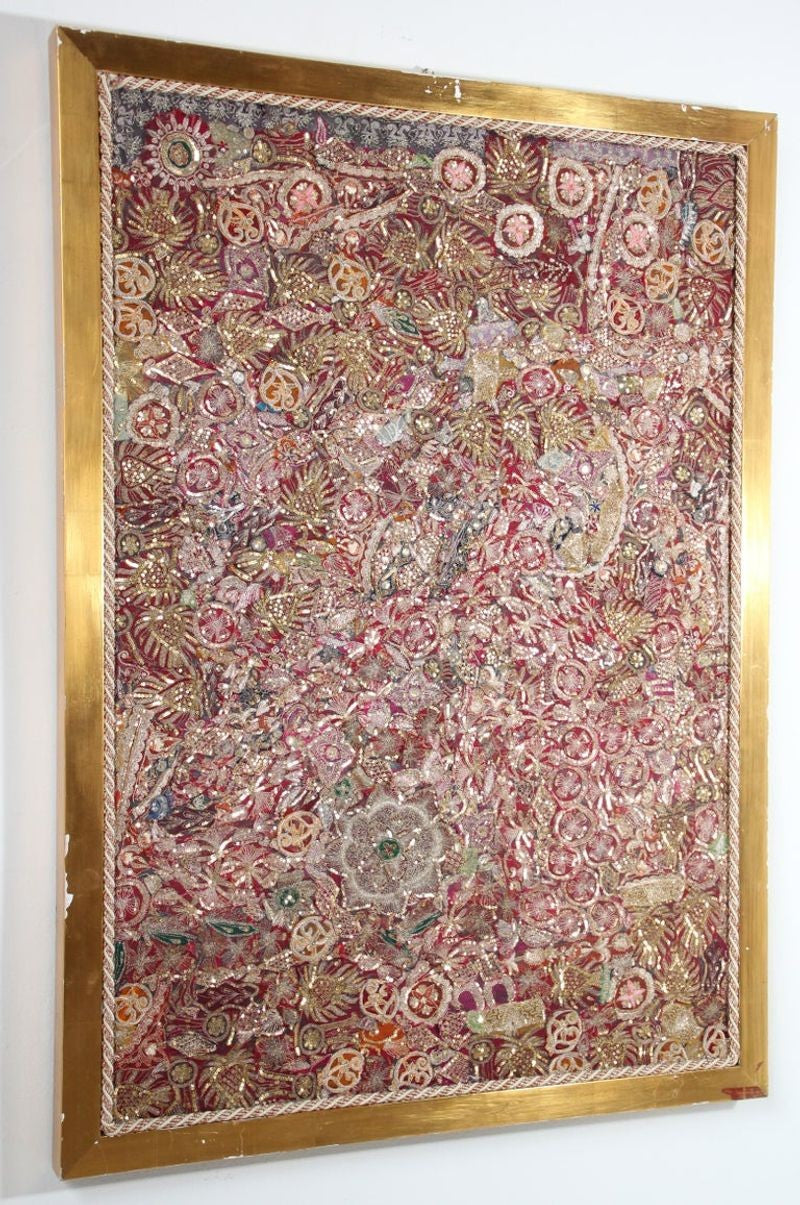 Mughal Embroidered Metal Threaded Tapestry from Rajasthan Framed