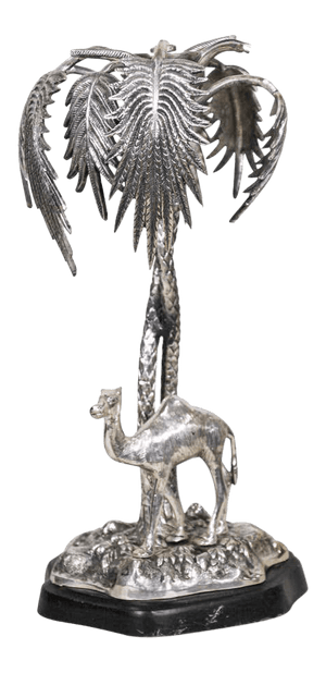 Orientalist Cast Silver Metal Camel Standing Under Palm Trees