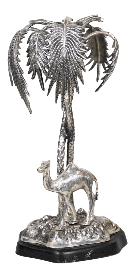 Orientalist Cast Silver Metal Camel Standing Under Palm Trees