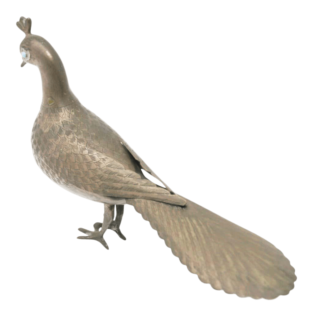 Islamic Qajar Style Damascene Metal Vintage Peacock Figurine, India
