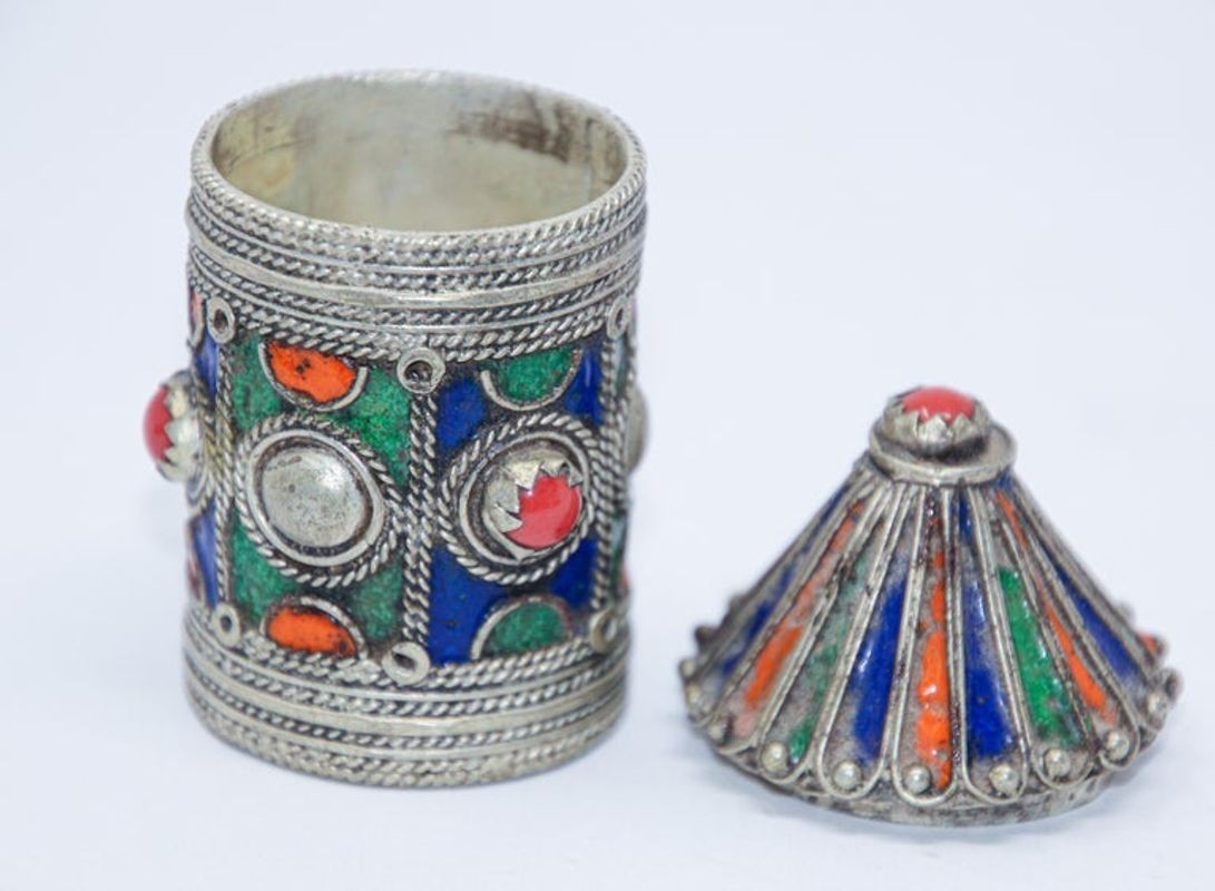 Antique Silver Enameled Ring Container Box from Kabylie, Algeria