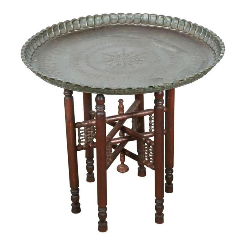 Turkish Tin Copper Tray Table on Wooden Folding Stand E mosaik