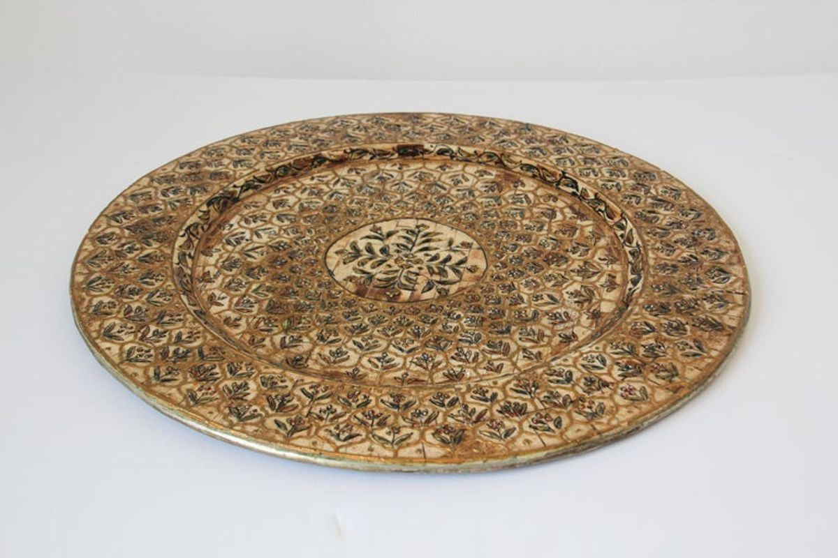 Indian Mughal style Overlaid and Hand Painted Metal Platter 1950