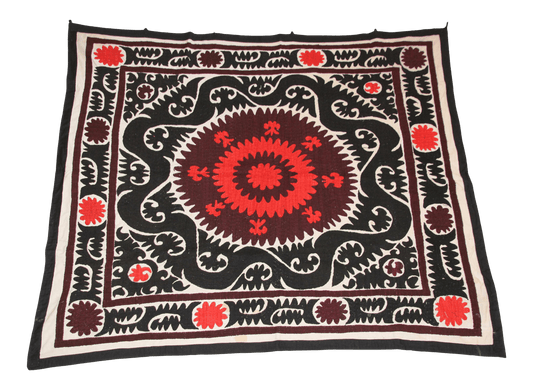 Vintage Red and Black Samarkand Suzani, Uzbekistan Embroidered Textile