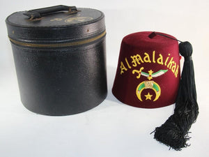AL Malaikah Vintage Iconic Masonic Shriner Burgundy Wool Fez Hat in Original Box