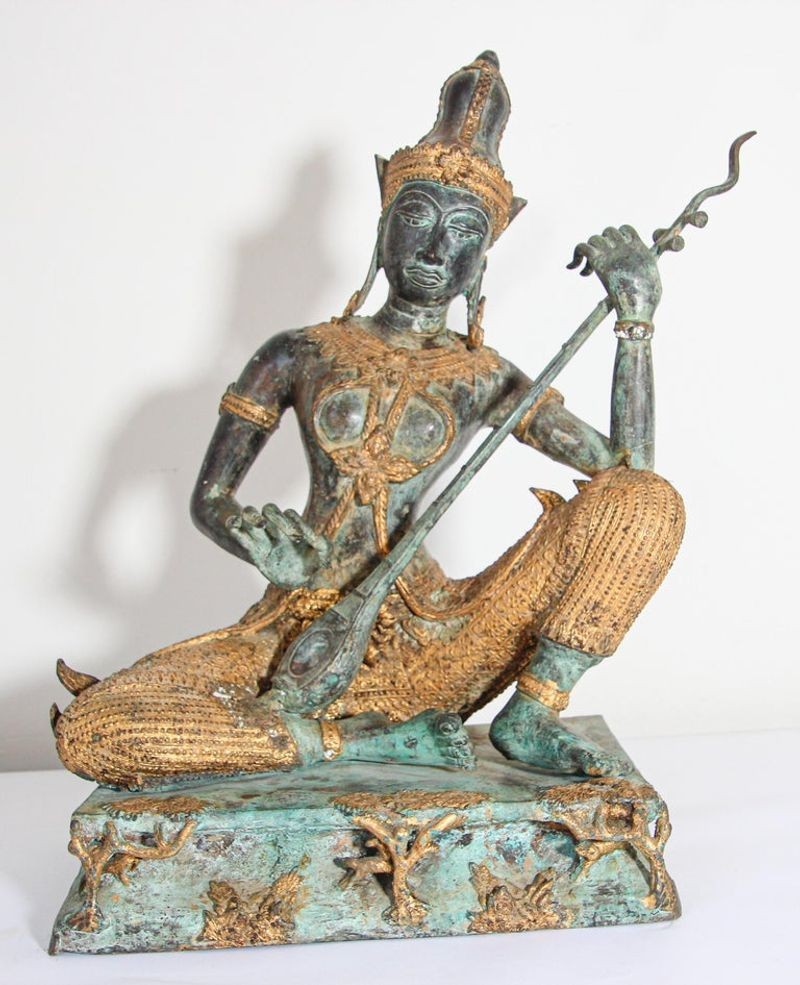 Asian Thai Gilt Vintage Bronze Statue of a Prince Playing Music