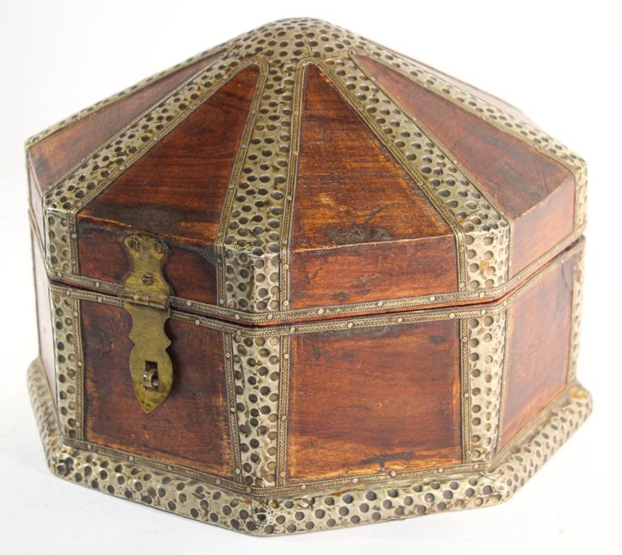 Large Asian Decorative Wooden Jewelry Box with Hammered Brass Metal Overlay